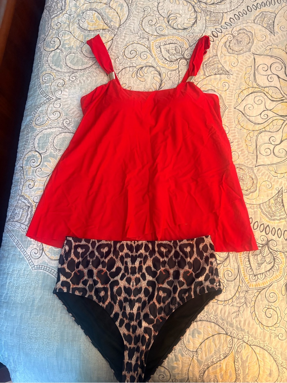Red Tankini Top with Leopard High-Waist Bottoms